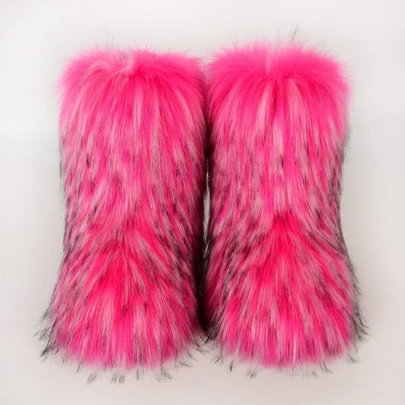 ⚡Women Rosered Faux Fur Winter Warm Knee High Flat Heel Fluffy Snow Fur Boots - Picture 3 of 9